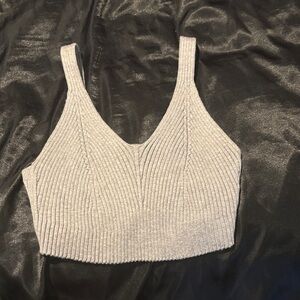 Ribbed V-Neck Knit Crop Top - Light Gray